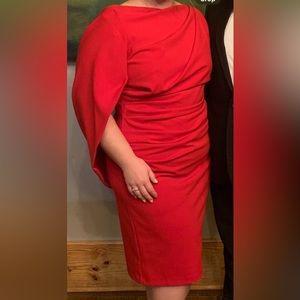 Betsy & Adam Plus Sized Ruched Cape Dress, Red, 14W